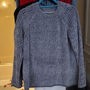 Mia & Tess Grey chenille crewneck Open-knit Long Sleeve sweater Sz M